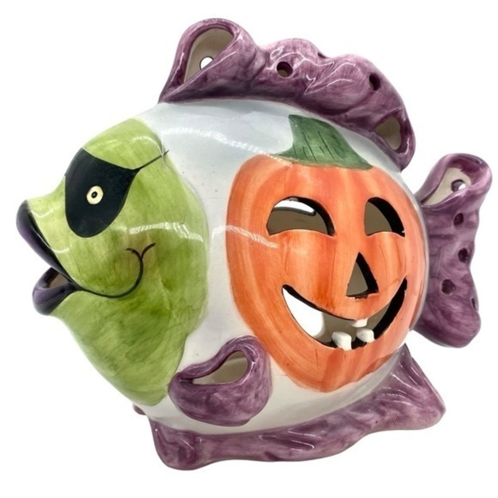 Halloween Ceramic Fish Candle Tea Light Luminary Pumpkin AppleTree Designs